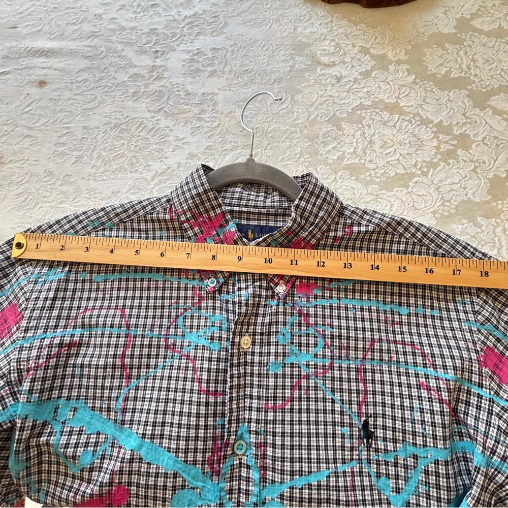 Ralph Lauren Men's Custom Painted Upcycled Button Down Checkered Large Shirt - Picture 9 of 12